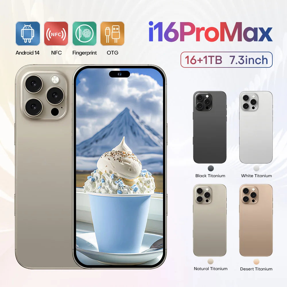 2025 nouveau smartphone i16promax phare 6.5 pouces 16 + 1 to 5g clé d'appareil photo empreinte digitale casque Bluetooth peut être acheté séparément
