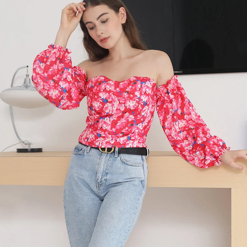 chemises et blouses sexy,chemisier courte fleuris blanche femme nouvelle collection 2024,vêtements femmes tendances 2024,blouse a épaule dénudé manche longue femme,haut dos nus femme elegant chic