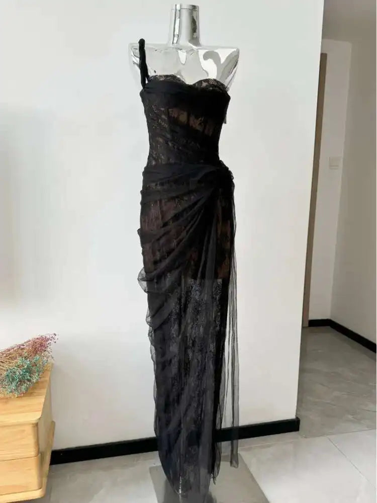 DEAT Women's Single Shoulder Spliced Lace Slit Long Dress 2025 Summer Solid Color Zipper Sleeveless Split Elegant Dresses 15C455