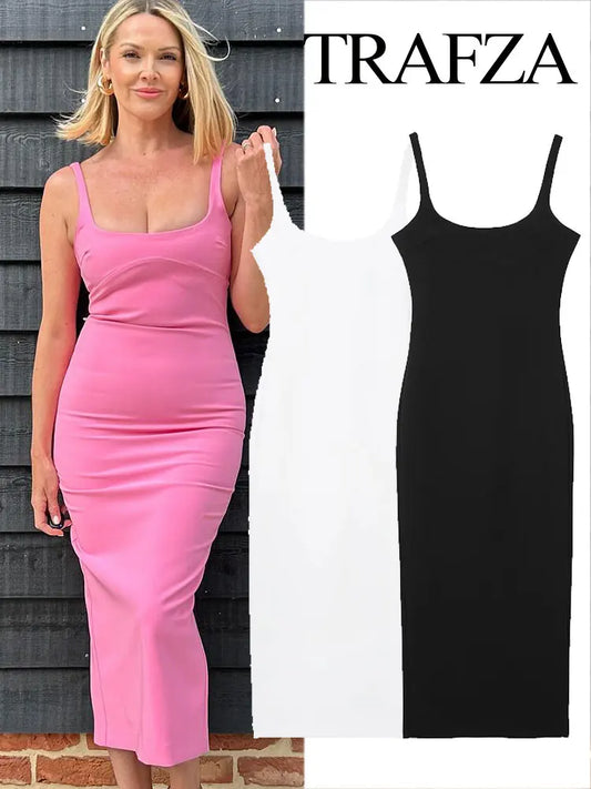 TRAFZA femmes robes de soirée tricolores Chic dos fermeture éclair fente ourlet mince robe de soirée femme mode Sexy sans manches robe dos nu