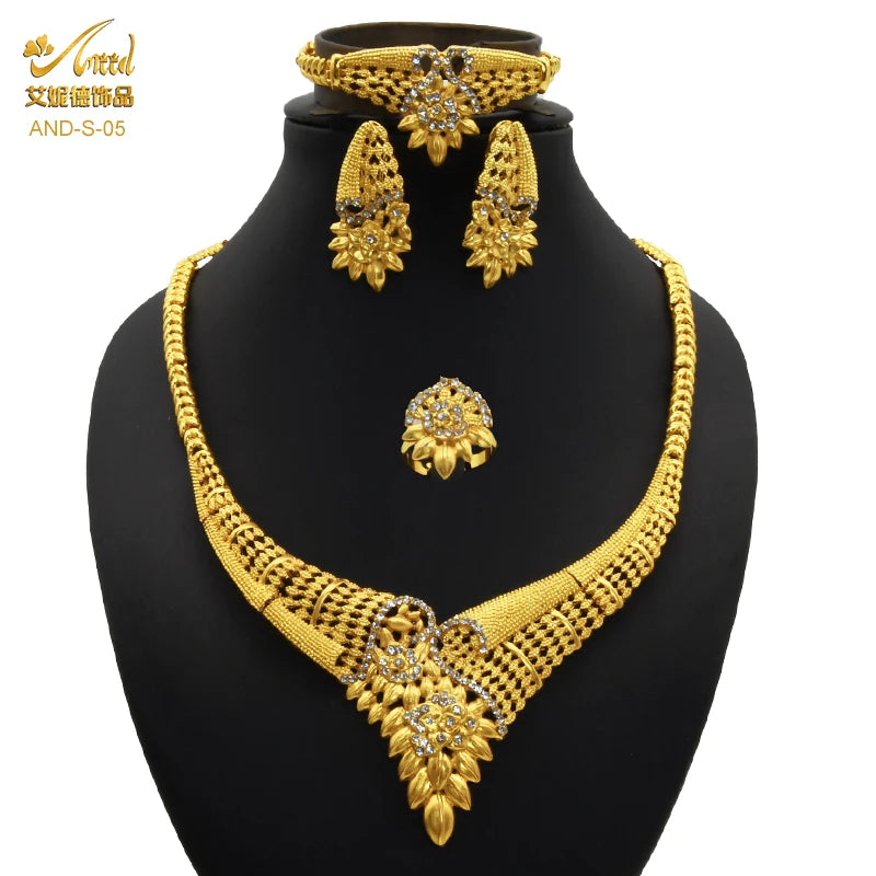 ANIID-Ensembles de bijoux africains pour femmes, boucles d'oreilles fleur, collier ras du cou, bracelet, hawaïen, indien, Dubaï, bijoux dorés, accessoires