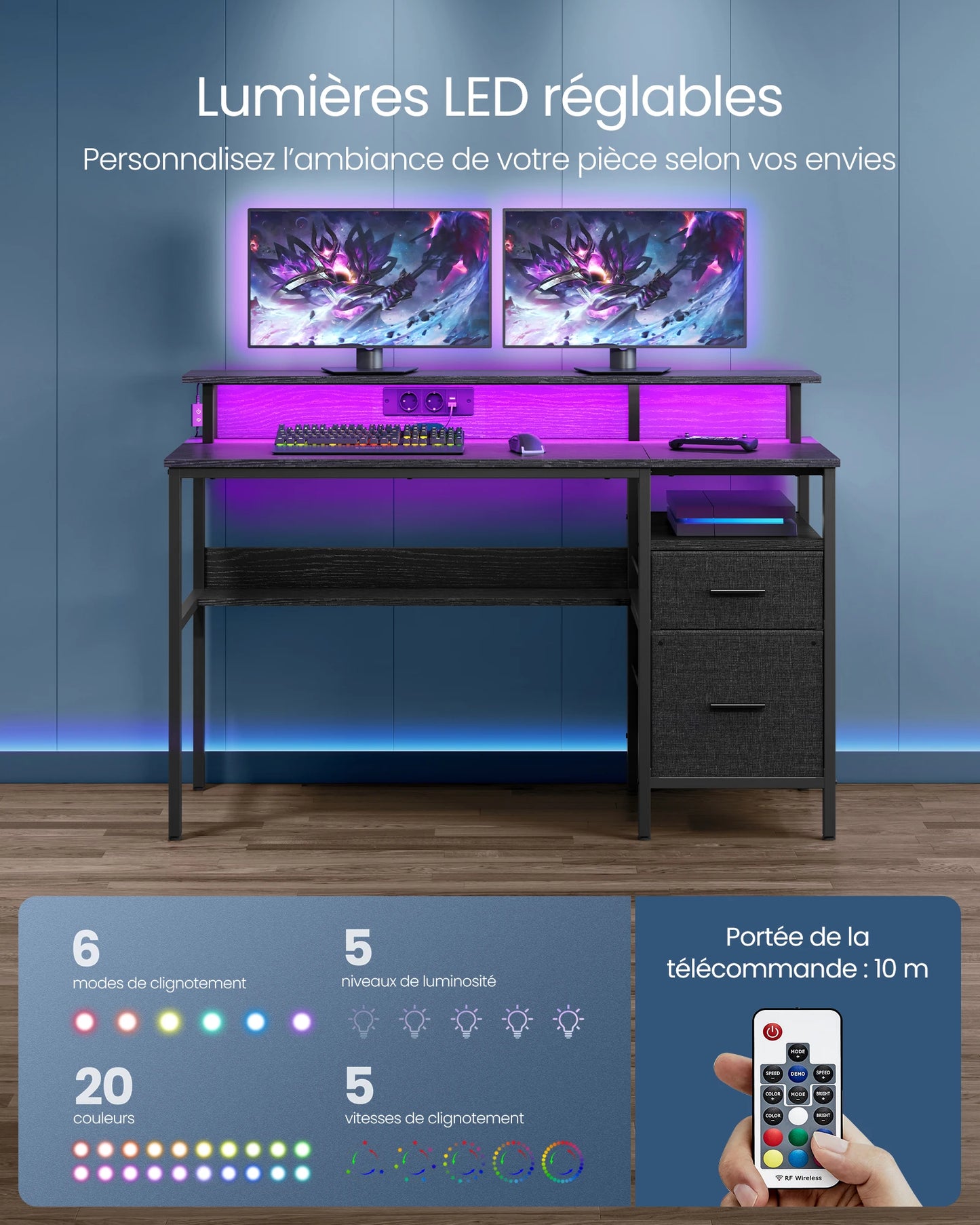 VASAGLE Bureau Gaming avec Lumières LED et Multiprise, Bureau Informatique avec Support d'Écran, Table avec Rangement, 2 Tiroirs en Tissu, 2 Ports USB, pour Bureau