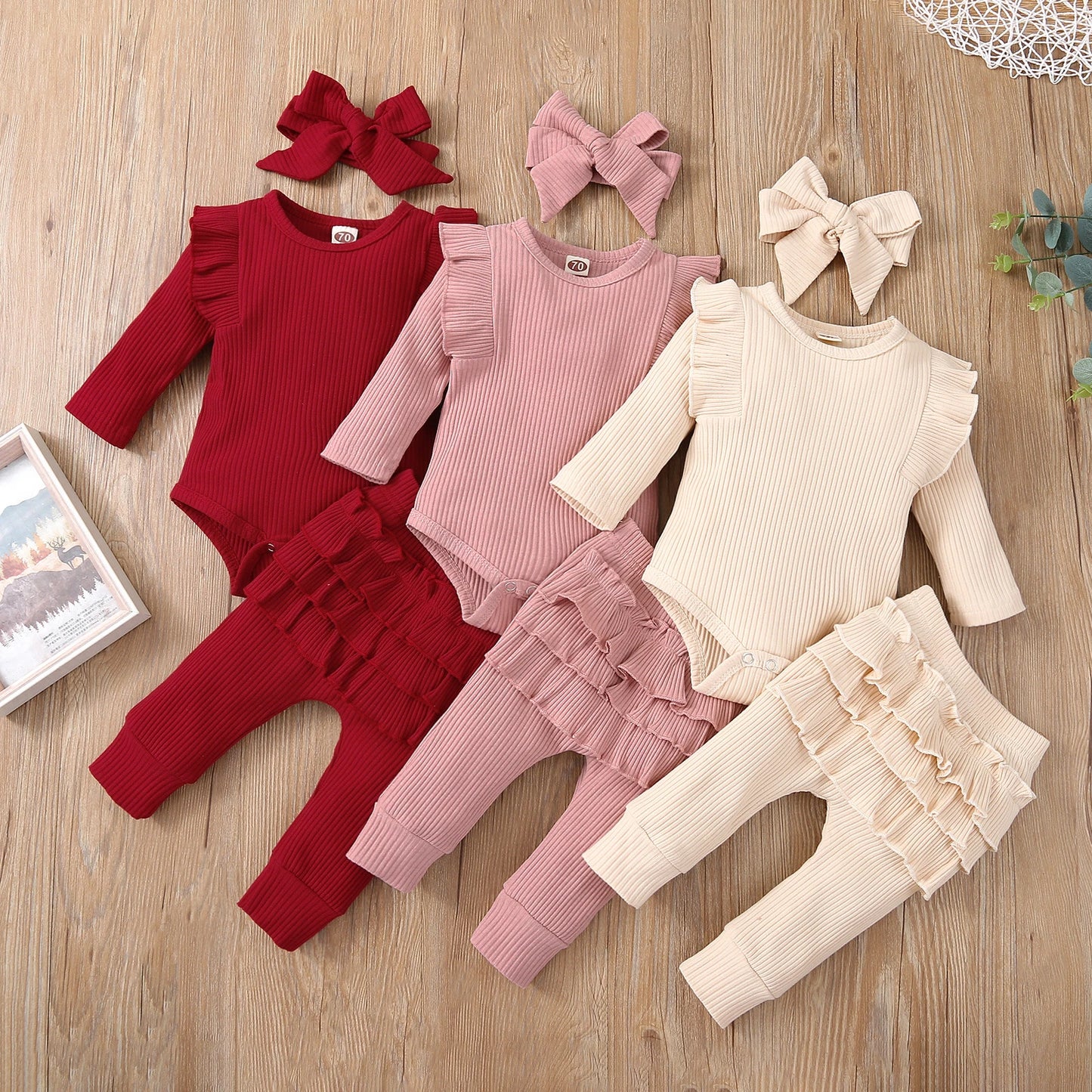 3Pcs Baby Girl Outfit Set Newborn Toddler Kids Clothing Set Baby Girls Lace Ruffles Cotton Bodysuit +Pants+Headband Clothing