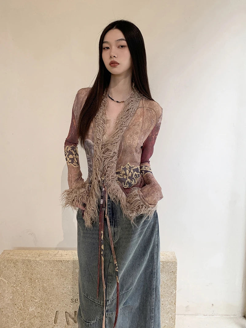 Contest ERART-Cardigans à col en fourrure pour femmes, vestes mixtes, vêtements ethniques en maille, col en V, manteau transparent, mode de créateur, printemps 2024