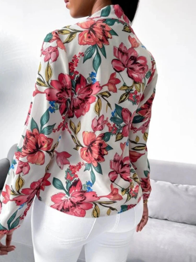 Vêtements de travail à imprimé floral pour femmes, chemise à nœud, habillage de bureau, vêtements d'affaires décontractés, mode
