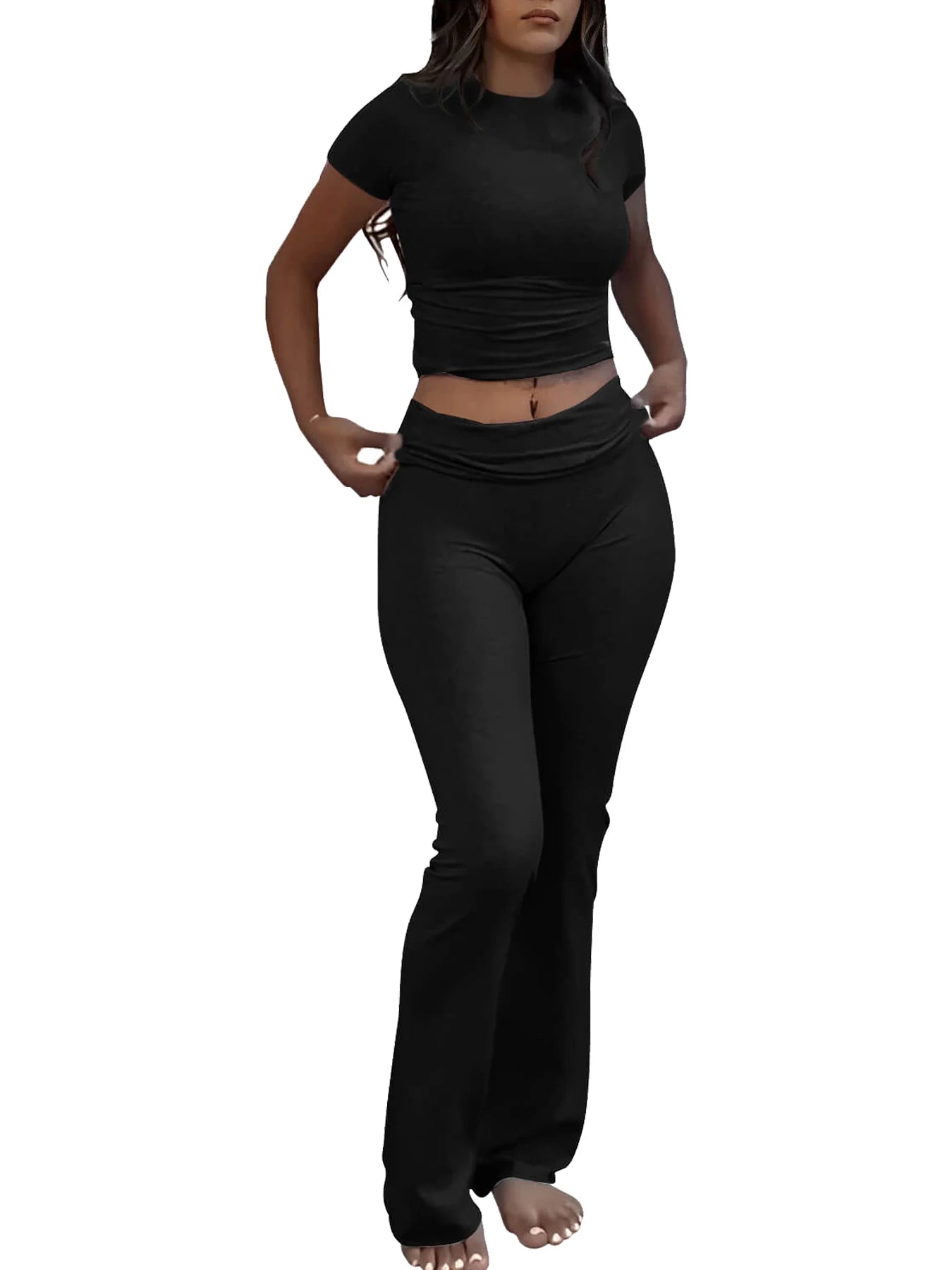 Tenue d'entraînement deux pièces décontractée pour femmes, manches courtes, taille haute, pantalon évasé pliable, ensembles de survêtement, Streetwear