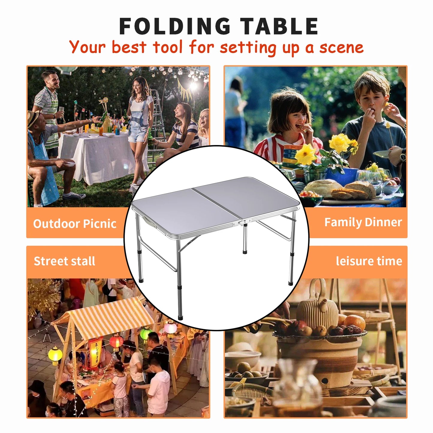 Table de Camping Portable Table pliante légère en aluminium Table de jardin réglable en 2 hauteur Table de pique-nique barbecue pour le Camping, les fêtes et