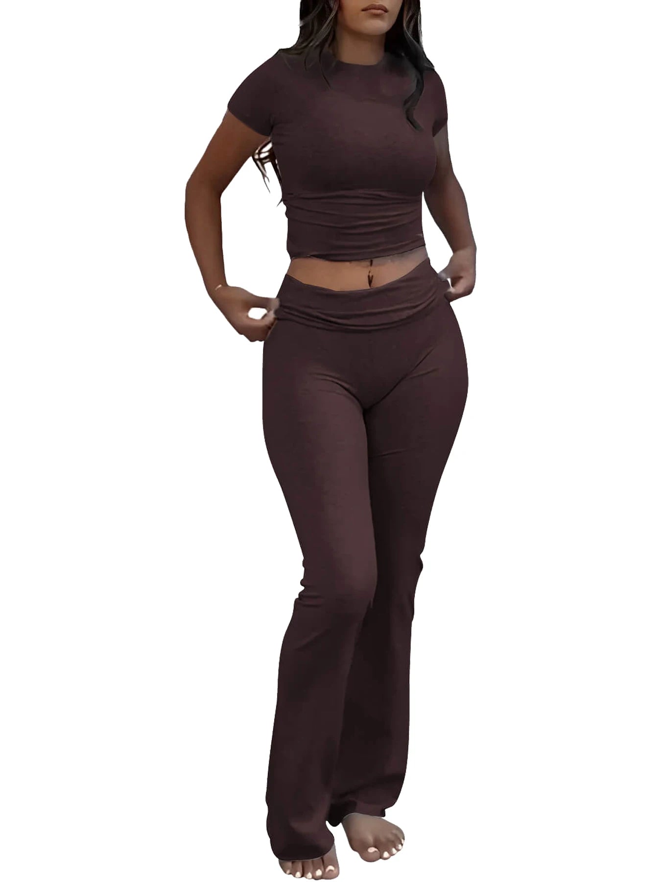 Tenue d'entraînement deux pièces décontractée pour femmes, manches courtes, taille haute, pantalon évasé pliable, ensembles de survêtement, Streetwear