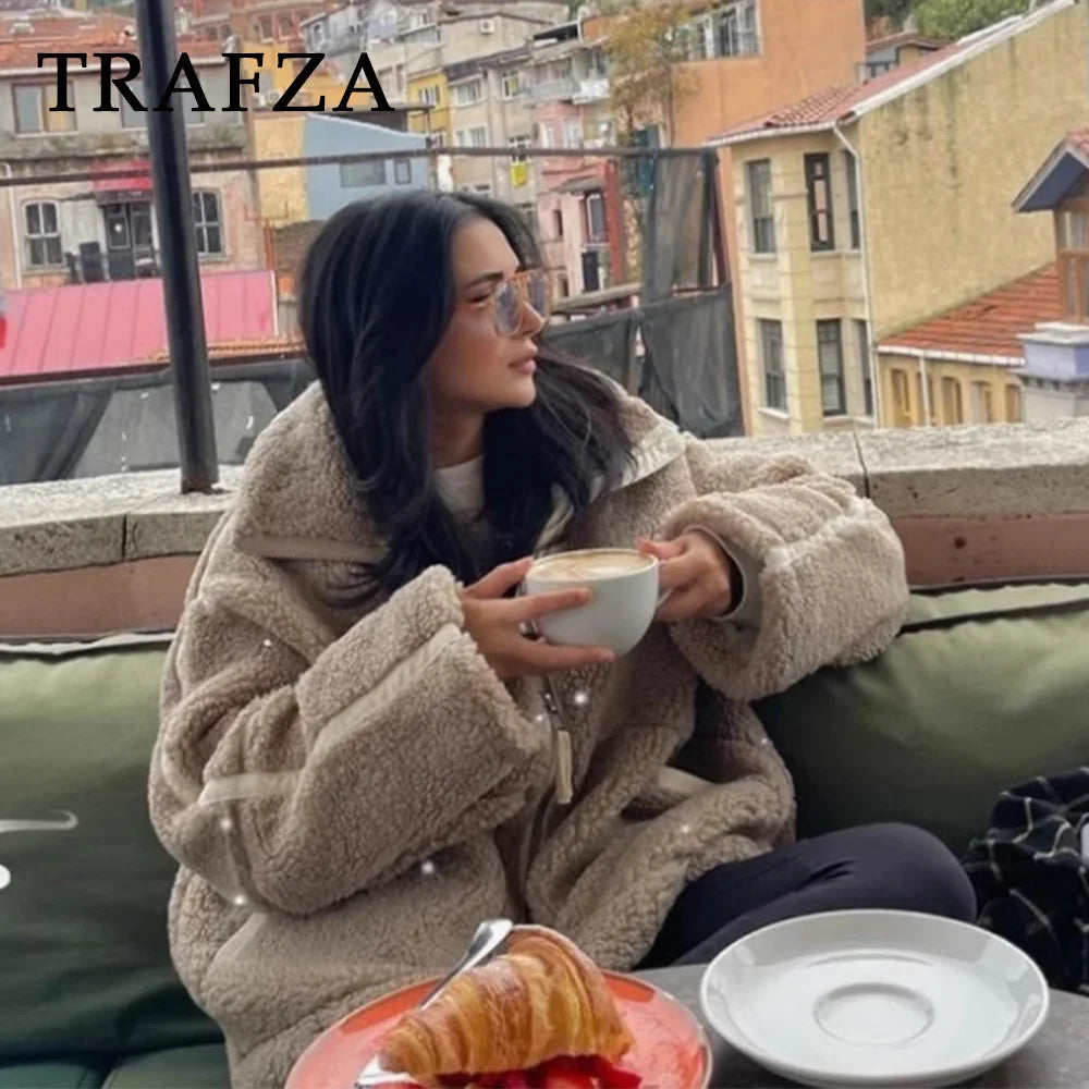 TRAFZA 2024 automne hiver décontracté femmes vestes mode Streetwear épais surdimensionné solide fermeture éclair O cou Teddy polaire dames manteaux