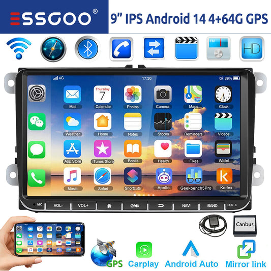 ESSGOO-Autoradio Android 14 de 9 Pouces, 4 Go/64 Go, Navigation GPS N183, WiFi, RDS, FM, BT, pour Voiture VW Golf 5/6, Passat, Polo, Touran, Tiguan, Caddy, EOS