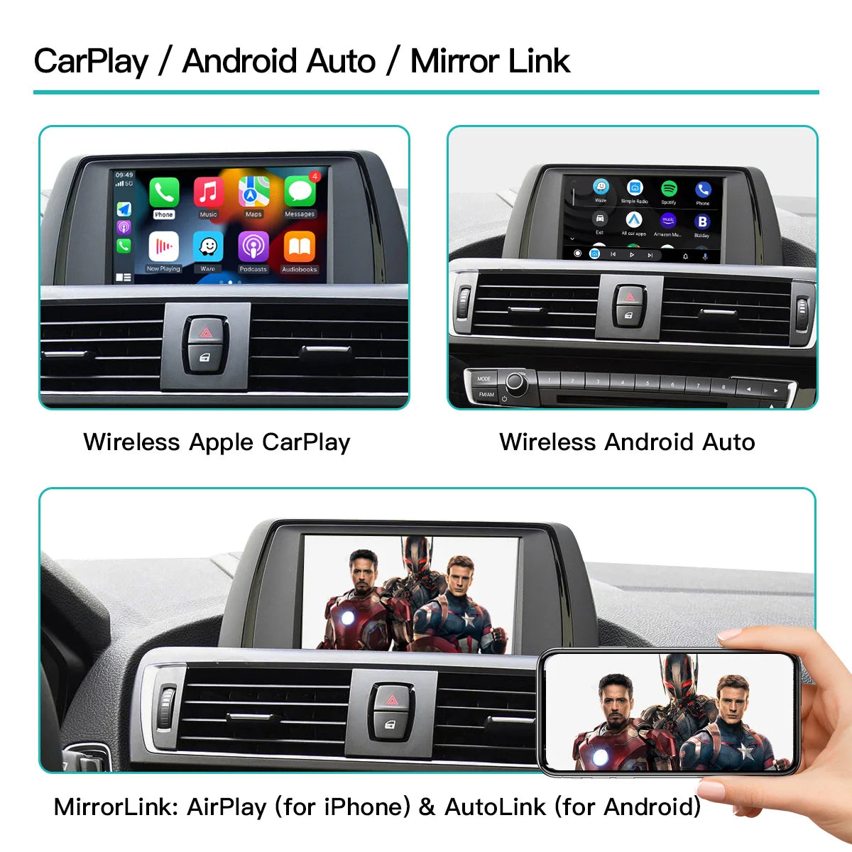 Wireless CarPlay Android Auto For BMW NBT CIC system 1 2 3 4 5 7 Series X1 X3 X4 X5 F20 F21 F23 F30 F31 F34 F35 F32 F10 F11 F48 F25 F26 F15 E60 E84 Prise en charge d'Airplay et du lien miroir, caméra OEM après-vente