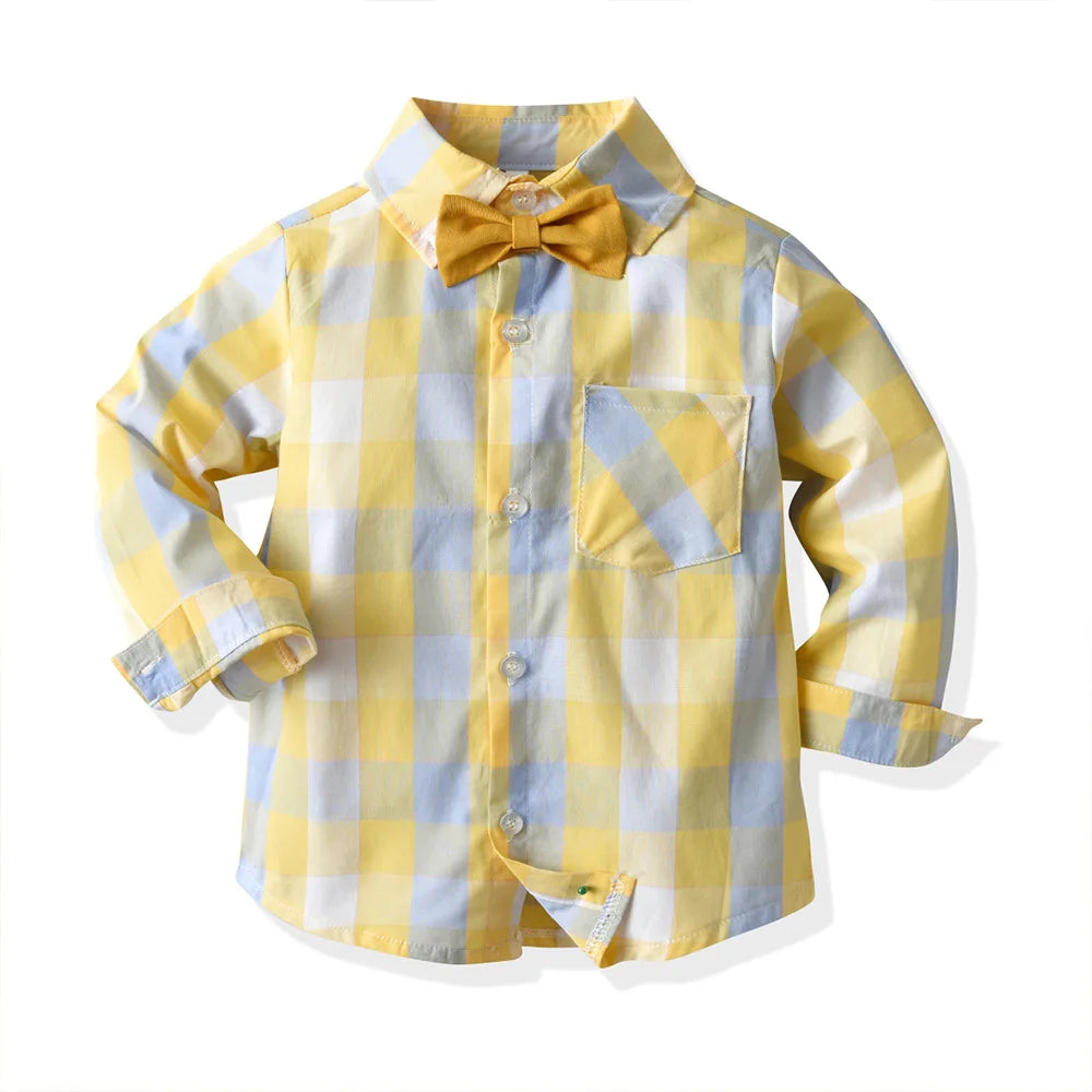 Boy Formal Suit Party Wear Spring 1 2 3 4 5 6 Years Kids Clothing Outfit Plaid Shirt Pants Suspender Boys Clothes Set