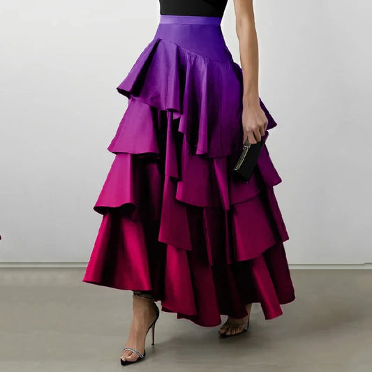 Beautyblue robes de soirée élégantes pour femmes 2025 dégradé jupes longues mode a-ligne Falbala taille haute bas jupe femme