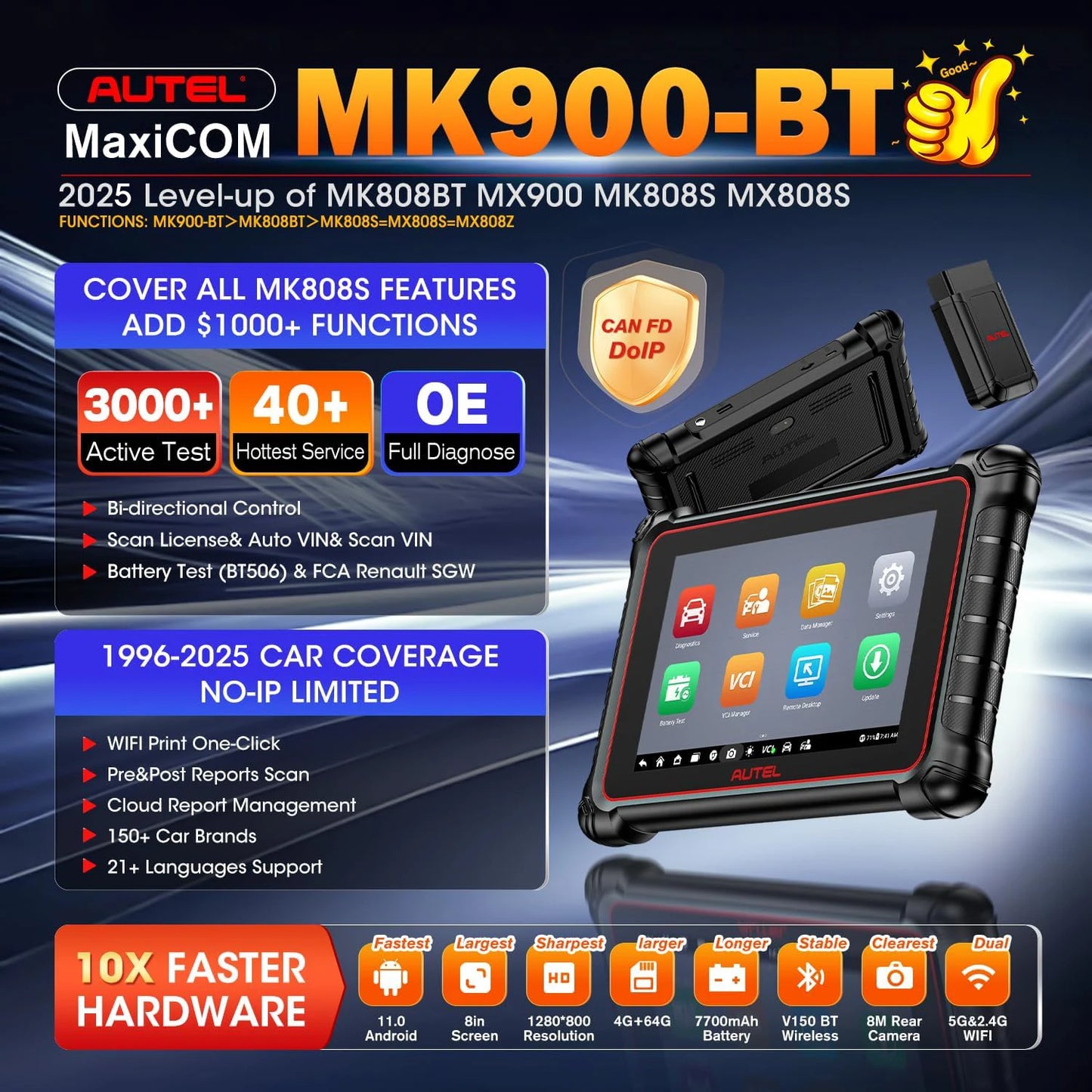 Autel MaxiCOM MK900 BT MK900BT 8 pouces outils de Diagnostic de voiture 40 + Services peut FD DOIP OBD2 mise à niveau du Scanner de MK808BT Pro MK808S