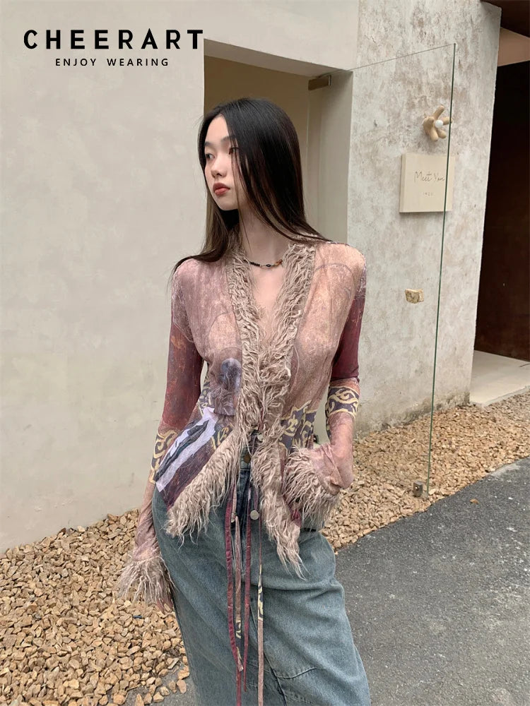 Contest ERART-Cardigans à col en fourrure pour femmes, vestes mixtes, vêtements ethniques en maille, col en V, manteau transparent, mode de créateur, printemps 2024