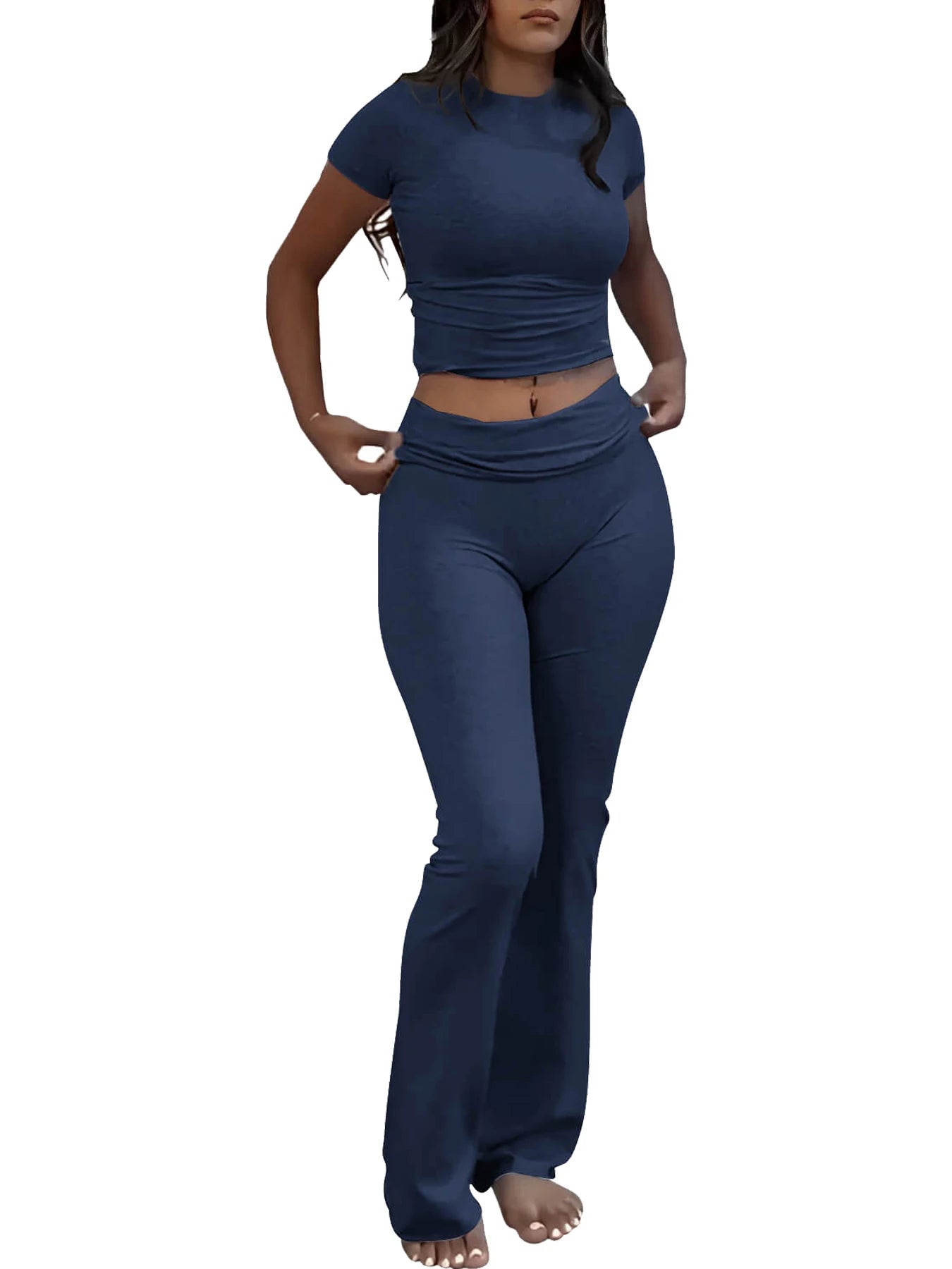 Tenue d'entraînement deux pièces décontractée pour femmes, manches courtes, taille haute, pantalon évasé pliable, ensembles de survêtement, Streetwear