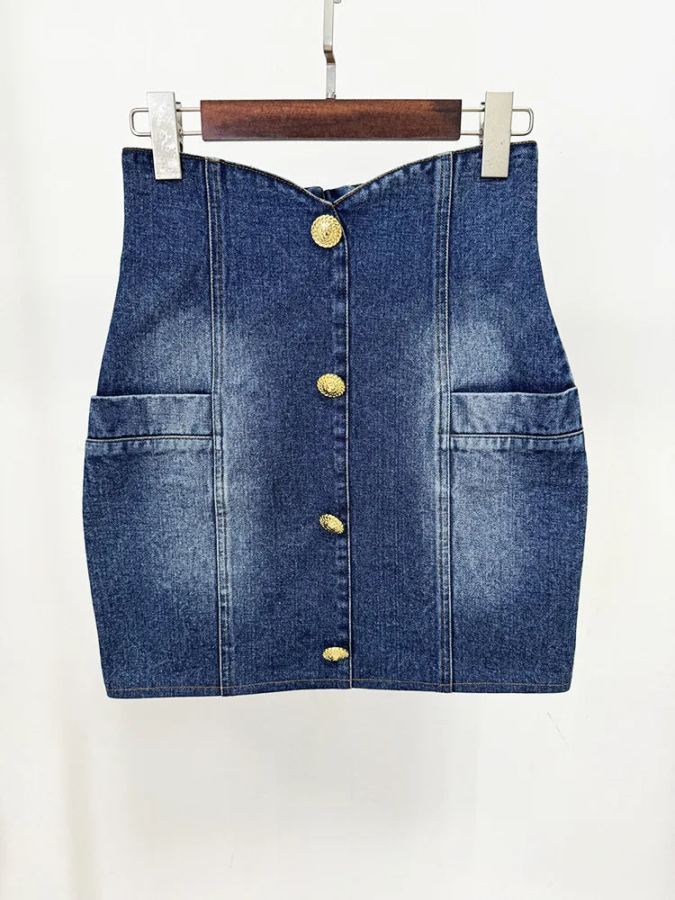 Veste en jean couvertes à double boutonnage pour femme, mini jupe, blazer de piste, boutons de discussion, haut de gamme, ET, le plus récent, designer, 2024