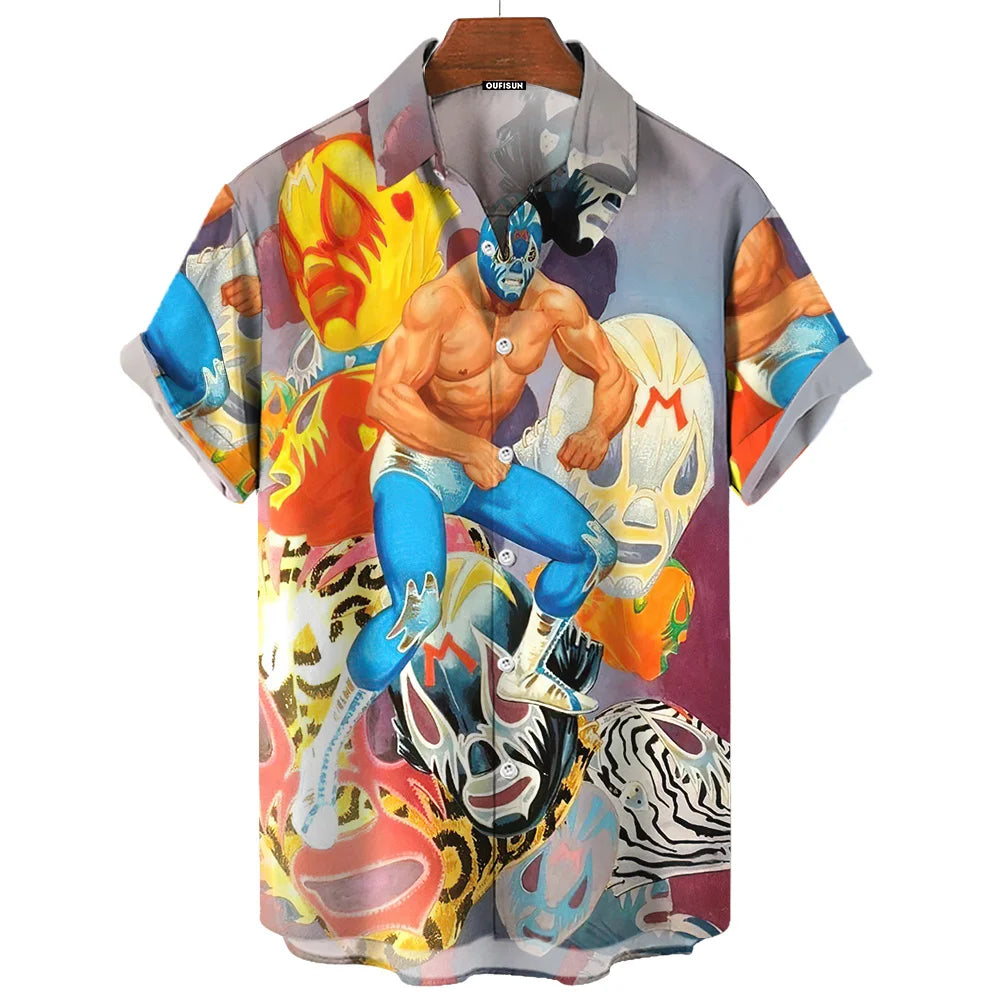 Chemise Vintage pour hommes, imprimé lutte mexicaine en 3d, vêtements pour hommes de haute qualité, ample et surdimensionné, mode décontractée, manches courtes
