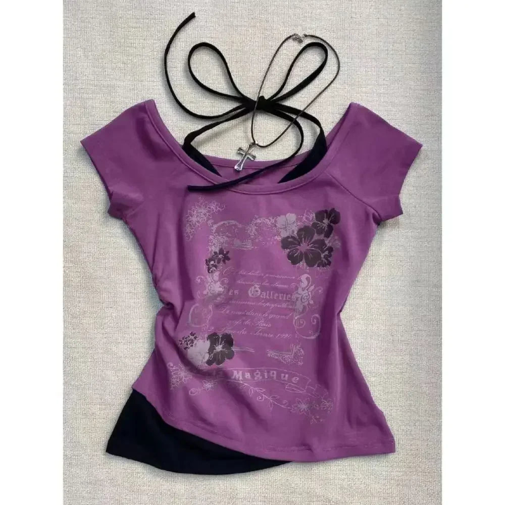 Y2k-T-shirt à Manches Courtes pour Femme, Vêtement Vintage Doux et Sexy, Col Licou, Slim, Décontracté, Populaire, Chic