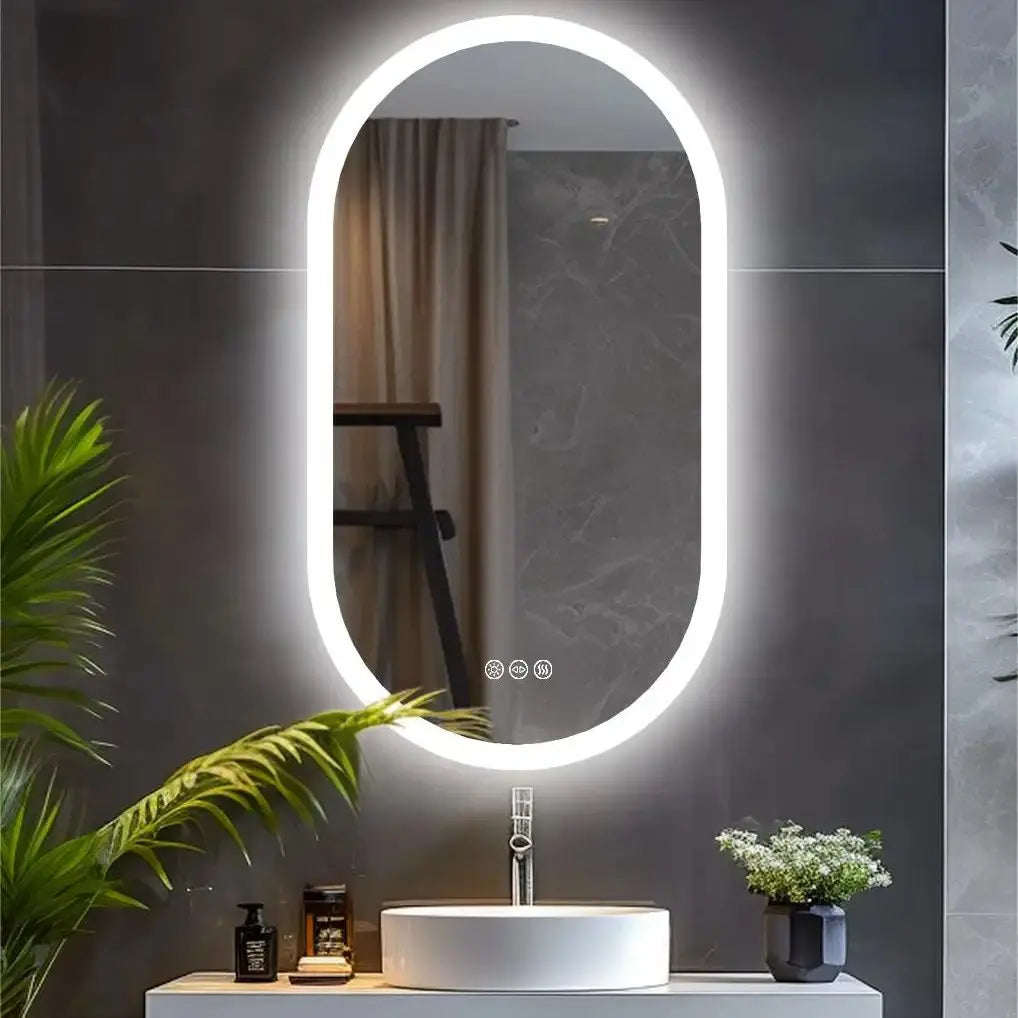 Miroir de courtoisie mural anti-buée intelligent à intensité variable, prise LED, installation de fil dur, 3 couleurs, 3 TANOval