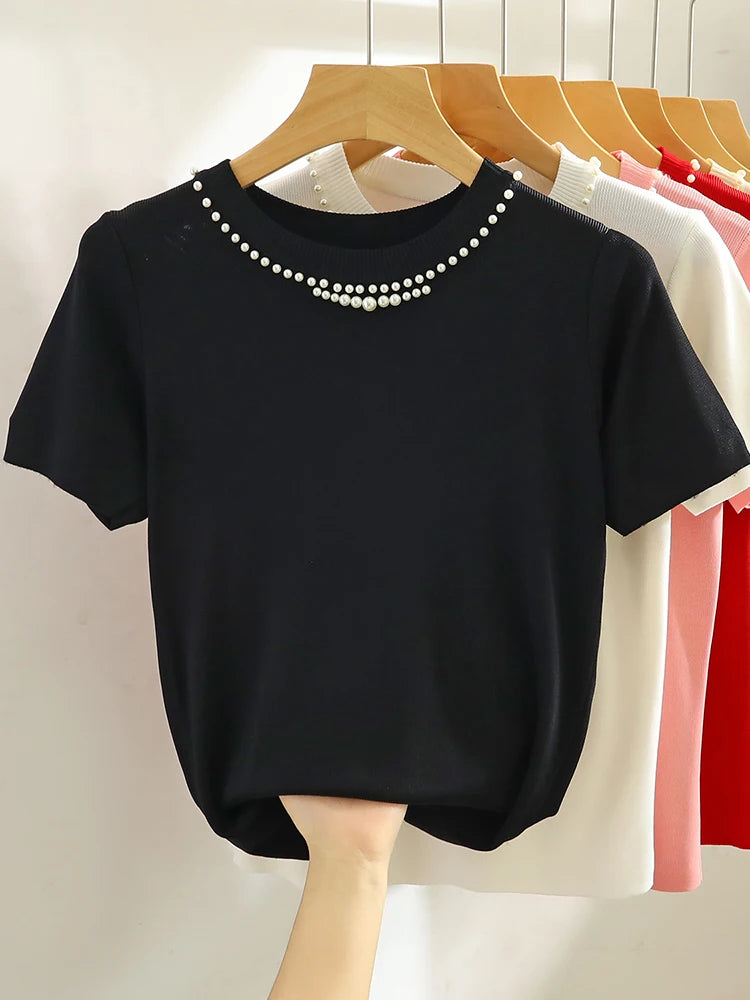 Corée tricoté T-shirt femmes haut solide réservoir Y2K été nouvelle mode femme sans manches perles décontracté mince hauts 2025