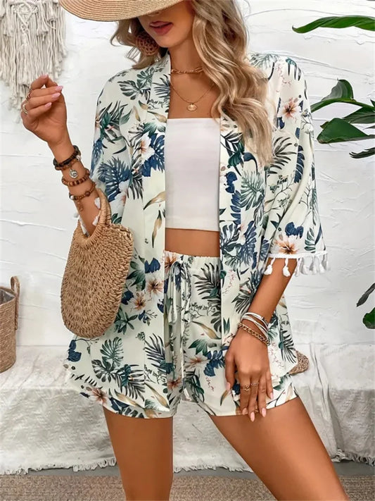 Chemise hawaïenne à manches courtes pour femmes, deux pièces, imprimée, protection solaire