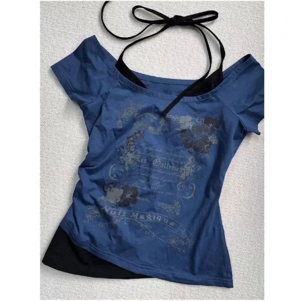 Y2k-T-shirt à Manches Courtes pour Femme, Vêtement Vintage Doux et Sexy, Col Licou, Slim, Décontracté, Populaire, Chic
