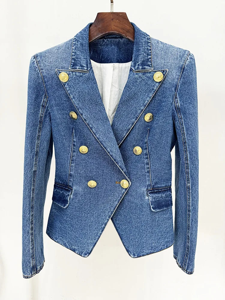 Veste en jean couvertes à double boutonnage pour femme, mini jupe, blazer de piste, boutons de discussion, haut de gamme, ET, le plus récent, designer, 2024