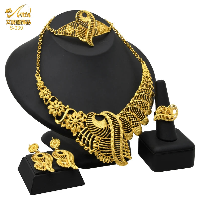 ANIID-Ensembles de bijoux africains pour femmes, boucles d'oreilles fleur, collier ras du cou, bracelet, hawaïen, indien, Dubaï, bijoux dorés, accessoires