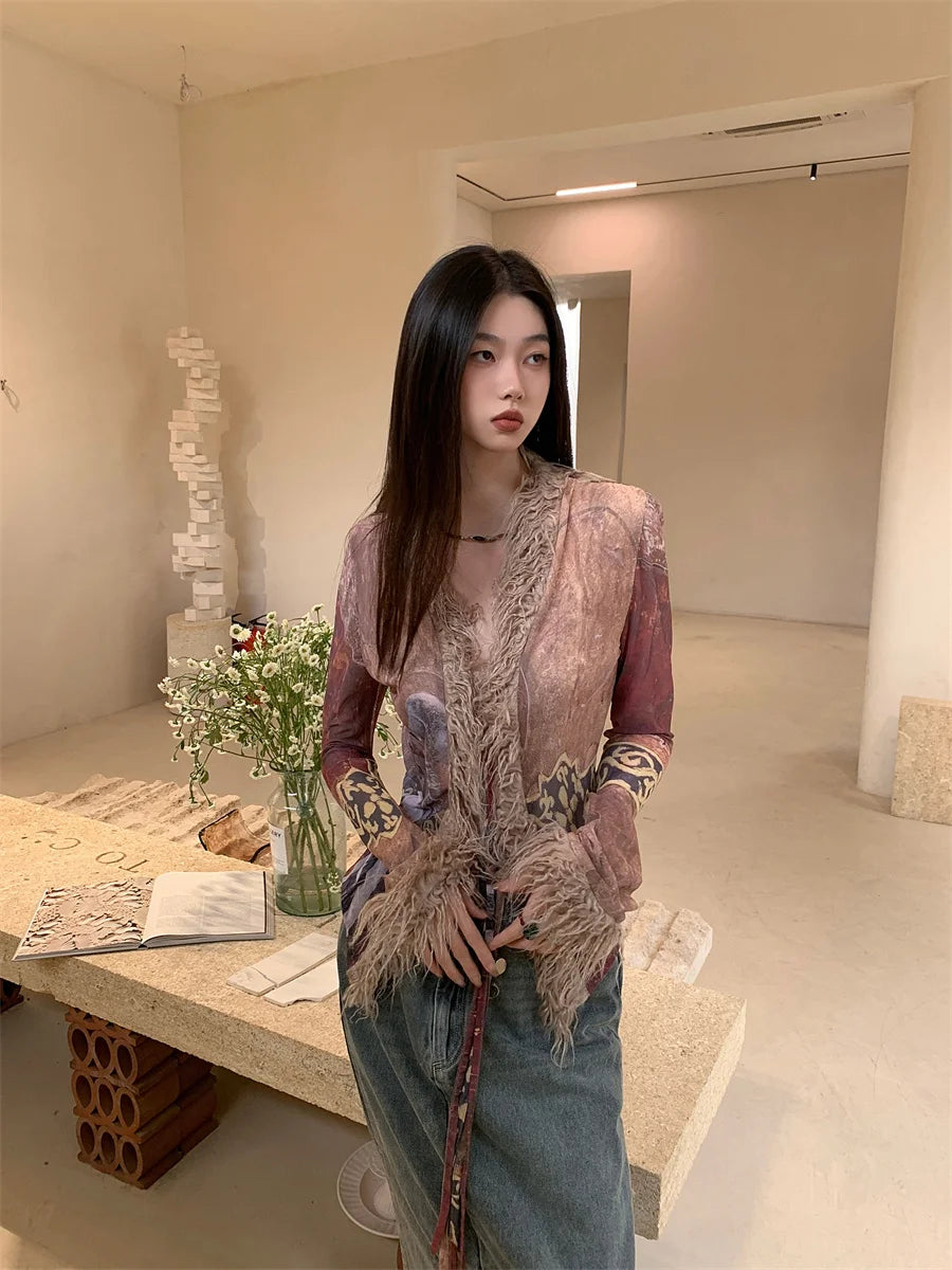 Contest ERART-Cardigans à col en fourrure pour femmes, vestes mixtes, vêtements ethniques en maille, col en V, manteau transparent, mode de créateur, printemps 2024