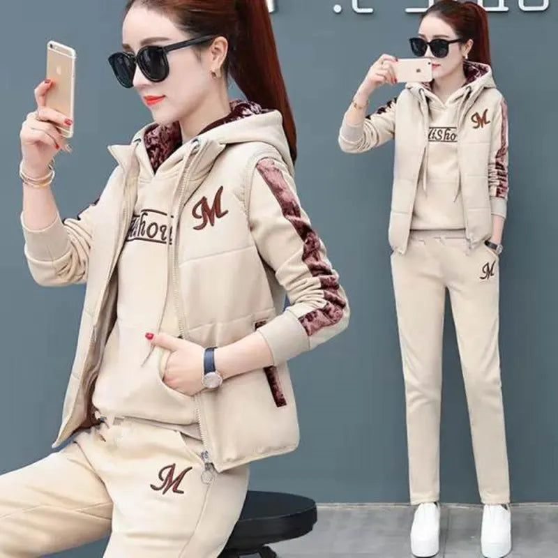 3 pièces femmes ensembles ajouter polaire épais vêtements de sport automne hiver 2025 nouveau décontracté trois pièces mode sweat à capuche ensemble vêtements HTH951