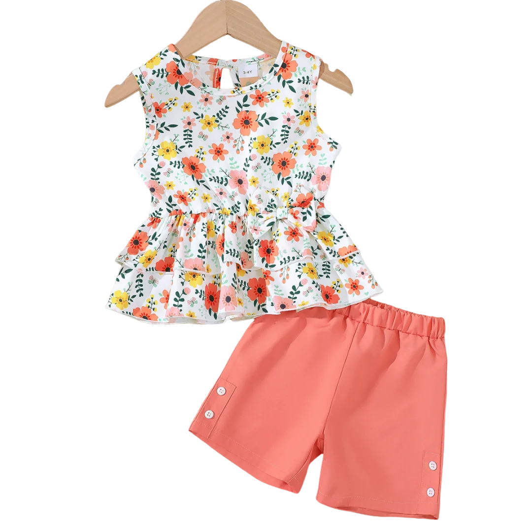 2PCS Children Girls Little Fresh Clothing Set Floral Sleeveless Top + Shorts Sweet Lovely Fashion Costume for Kid Girl 4-7 Years