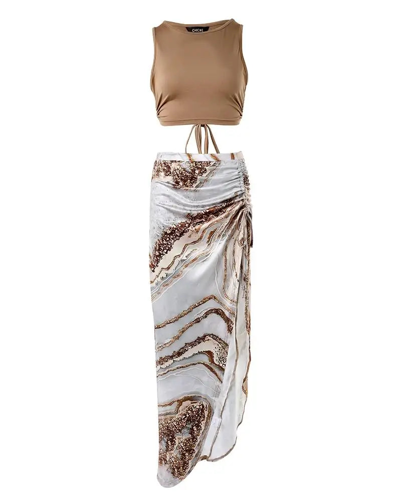 Ensemble de robe d'été décontracté pour femmes, col rond, sans manches, haut court et jupe froncée, imprimé teinture par nouage, cordon de serrage, fente haute