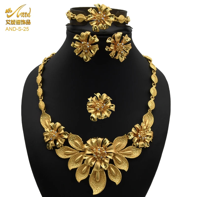 ANIID-Ensembles de bijoux africains pour femmes, boucles d'oreilles fleur, collier ras du cou, bracelet, hawaïen, indien, Dubaï, bijoux dorés, accessoires