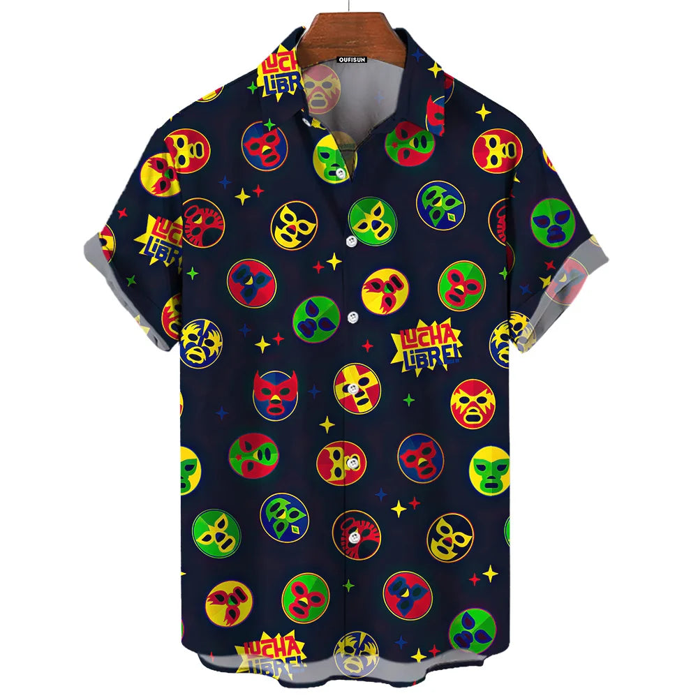 Chemise Vintage pour hommes, imprimé lutte mexicaine en 3d, vêtements pour hommes de haute qualité, ample et surdimensionné, mode décontractée, manches courtes