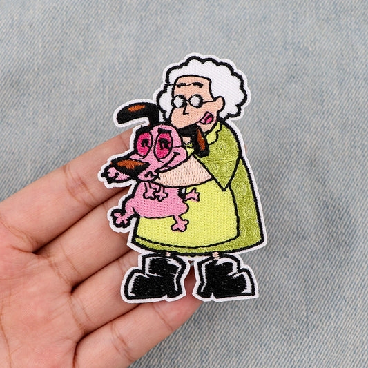 Grandma and Pink Dog Embroidered Patches For Kids Clothing DIY Badge Adhesive Cute Cartoon Patches On Clothes Stickers Appliques