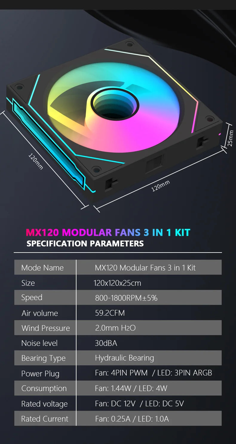 JUMPEAK MX120 360mm Modulaire Sans Fil Épissage PC 120mm Ventilateur De Refroidissement ARGB Effet Miroir Infini Pour Refroidisseur d'Eau d'Ordinateur
