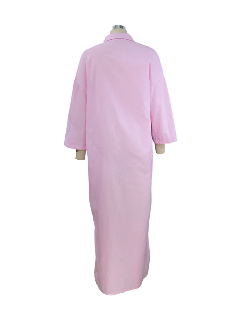 BAMBOOBOY Summer Long Dress Women Three-quarter Sleeve Button Shirts Single Breasted Dresses V-Neck Loose Slit Beach Sundress