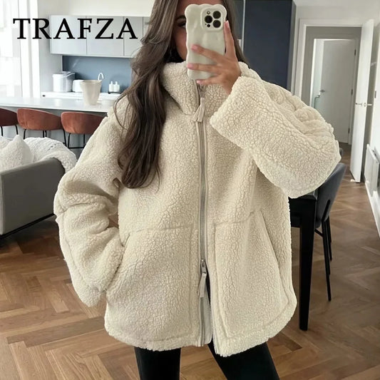 TRAFZA 2024 automne hiver décontracté femmes vestes mode Streetwear épais surdimensionné solide fermeture éclair O cou Teddy polaire dames manteaux