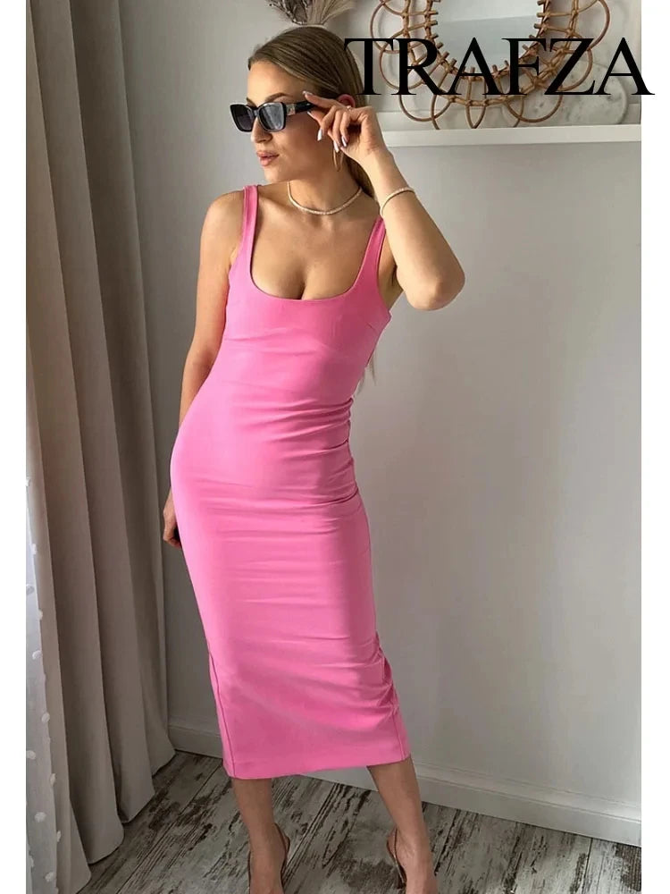 TRAFZA femmes robes de soirée tricolores Chic dos fermeture éclair fente ourlet mince robe de soirée femme mode Sexy sans manches robe dos nu