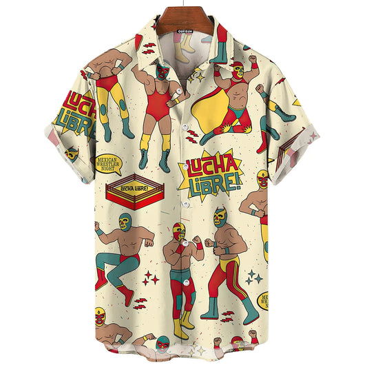 Chemise Vintage pour hommes, imprimé lutte mexicaine en 3d, vêtements pour hommes de haute qualité, ample et surdimensionné, mode décontractée, manches courtes