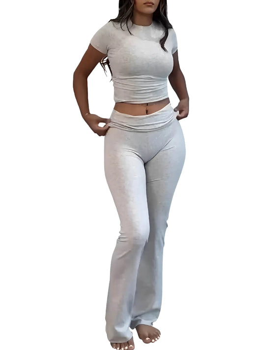 Tenue d'entraînement deux pièces décontractée pour femmes, manches courtes, taille haute, pantalon évasé pliable, ensembles de survêtement, Streetwear