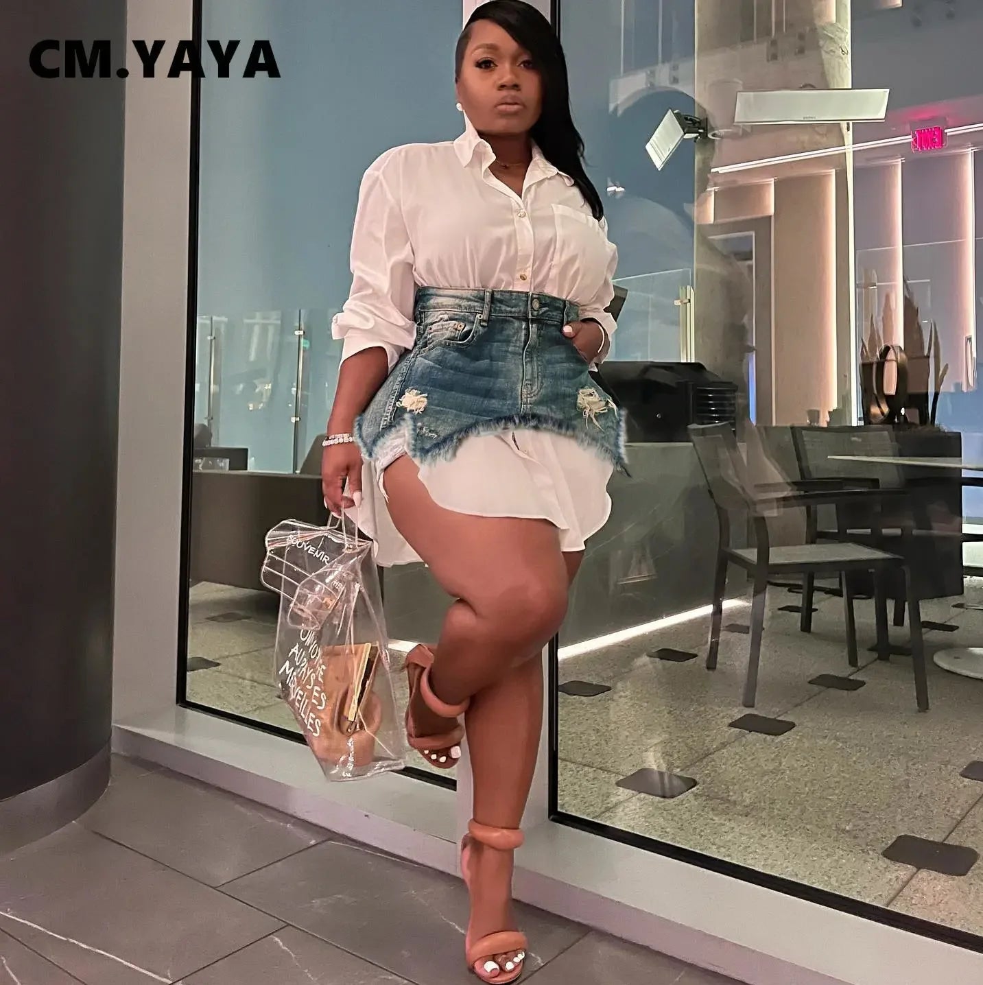 CM.YAYA-Robe Vintage à Manches sulfpour Femme, Col Rabattu, Chemise Style Chemisier avec Jean Denim, Mini Jupe Irrégulière, Ensemble 2 Pièces