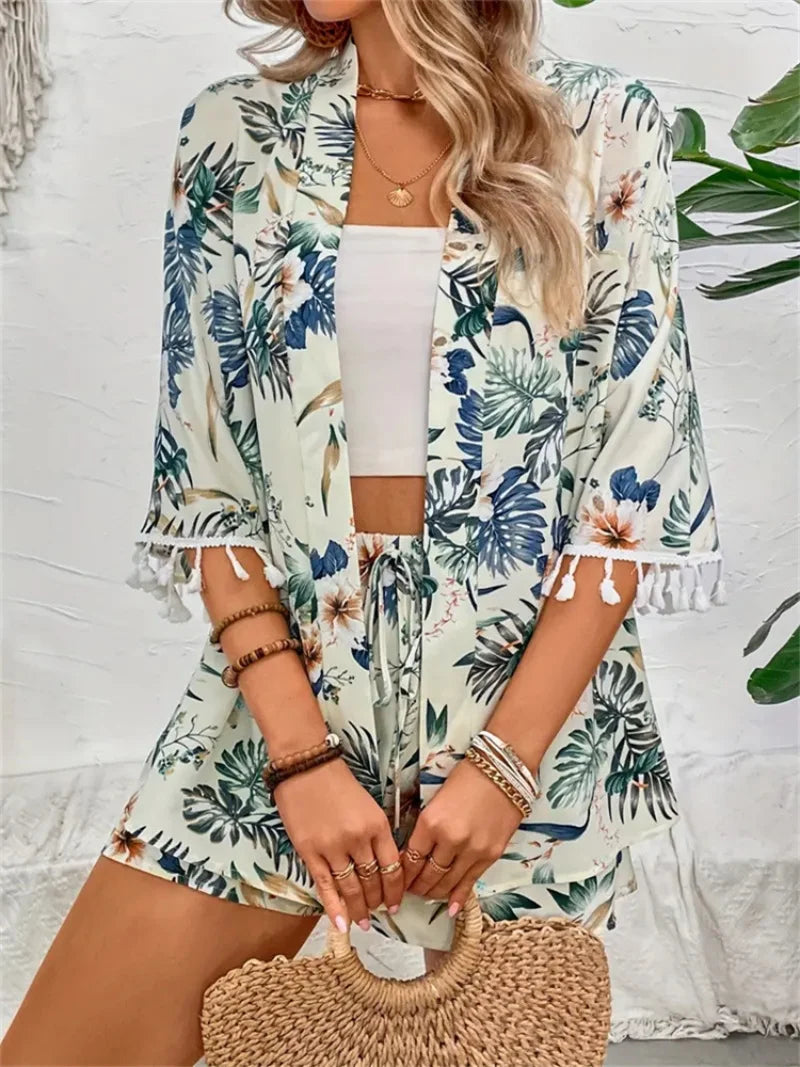 Chemise hawaïenne à manches courtes pour femmes, deux pièces, imprimée, protection solaire
