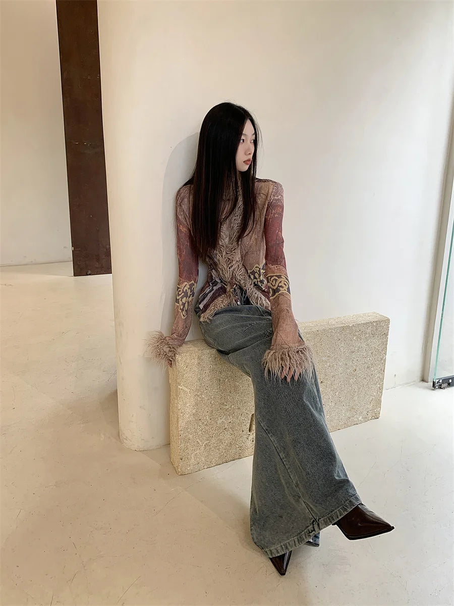 Contest ERART-Cardigans à col en fourrure pour femmes, vestes mixtes, vêtements ethniques en maille, col en V, manteau transparent, mode de créateur, printemps 2024
