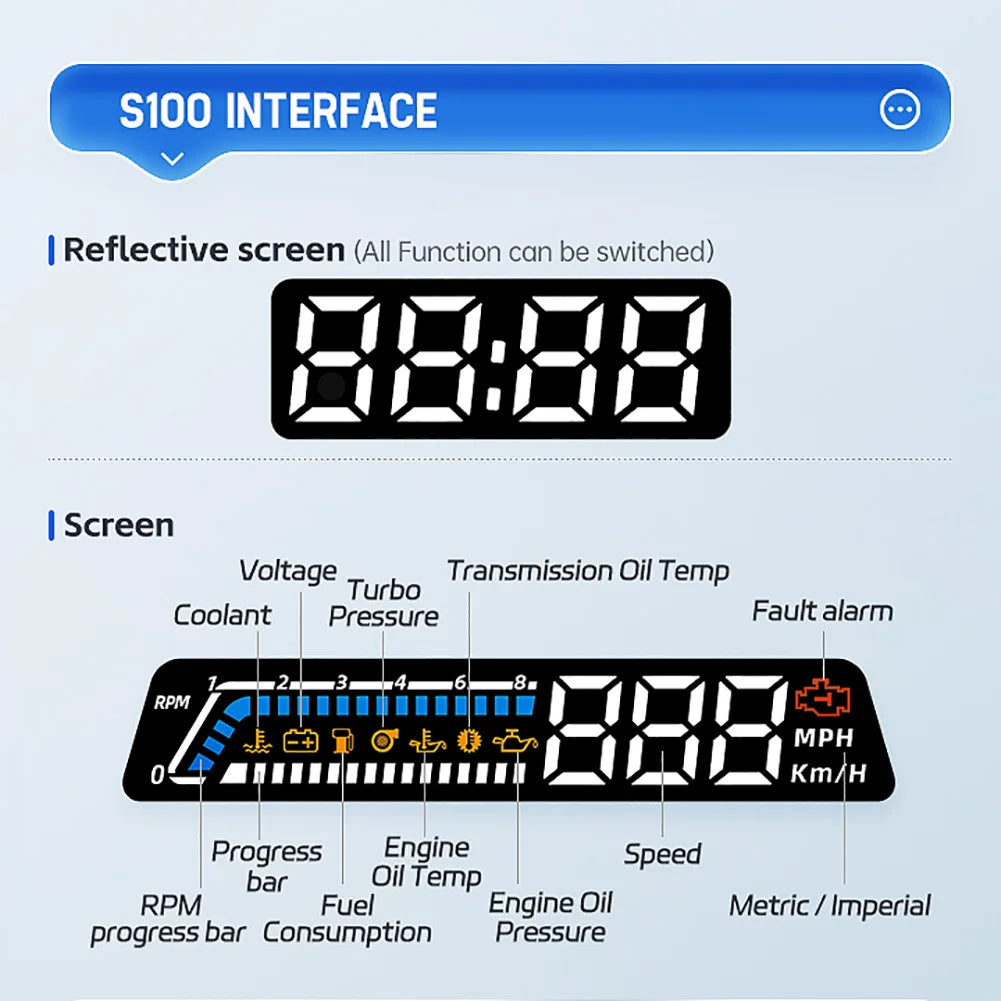 Affichage tête haute S100 Auto HUD OBD2, projection sur verre, budgétaire de pare-brise de vitesse de voiture, compteur de vitesse, alarme, accessoires électroniques