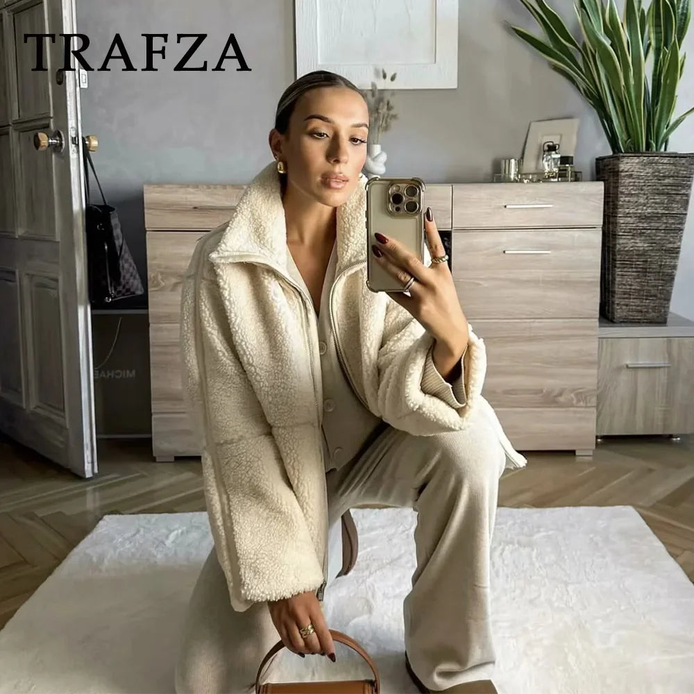 TRAFZA 2024 automne hiver décontracté femmes vestes mode Streetwear épais surdimensionné solide fermeture éclair O cou Teddy polaire dames manteaux