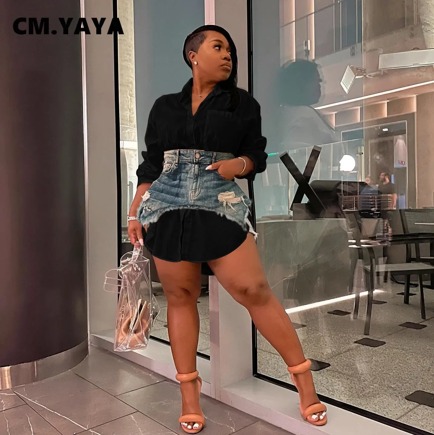 CM.YAYA-Robe Vintage à Manches sulfpour Femme, Col Rabattu, Chemise Style Chemisier avec Jean Denim, Mini Jupe Irrégulière, Ensemble 2 Pièces
