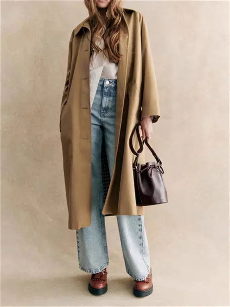 Trench-Coat classique mi-long pour femme, doublure à carreaux, simple boutonnage, col rabattu, coupe-vent ample, automne hiver