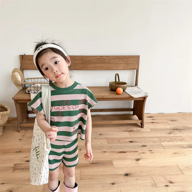 deer jonmi 2024 Summer Korean Style Unisex Kids Striped Outfits Embroidery Loose Tops Shorts 2pcs Toddlers Kids Clothing Sets